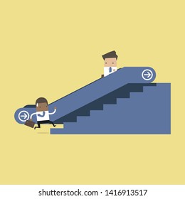 Businessman on escalator and another man climbing the stairs.