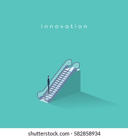 Businessman on an escalator moving up. Symbol of business innovation, technology progress and creativity. Eps10 vector illustration.