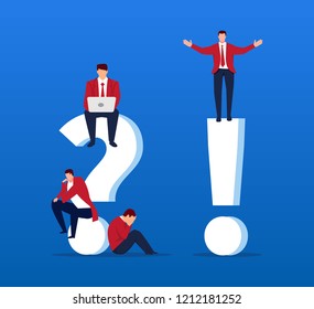 Businessman on exclamation mark with businessman on question mark