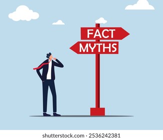 empresário no show Facts vs Myths. Fato vs Mito, informação verdadeira ou falsa para tomar decisões, crença ou ficção para escolher acreditar.
