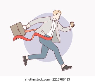 Businessman on the finishing line in competition concept. Hand drawn style vector design illustrations.