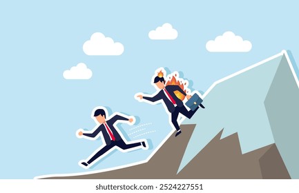 A businessman on fire chasing another businessman down a mountain, illustrating the need to avoid sensitive issues in business or to protect the company from potential losses.