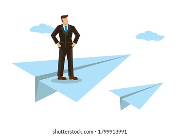 Businessman on a flying paper plane. Concept of corporate vision, goal, challenge or leadership. Flat vector illustration.
