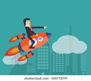 businessman on flying rocket