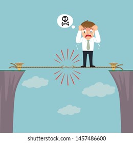 Businessman On Frayed Rope About To Break On The Cliff, Illustration Vector Cartoon
