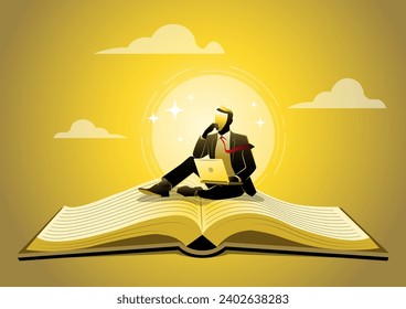 Businessman on giant book pages working with laptop, literacy, knowledge, information concept