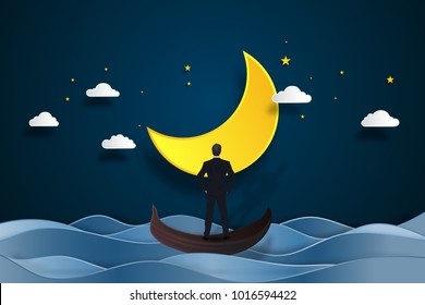 Businessman on the gondola boat and looking the Big half moon on sea in the dark night as business, goal, target, paper art and craft style concept. vector illustration.