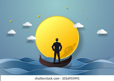 Businessman on the gondola boat and looking the Big full moon on sea in the dark night as business, goal, target, paper art and craft style concept. vector illustration.