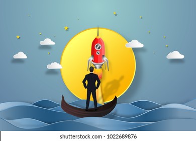 Businessman on the gondola boat and looking the rocket launch and Big full moon on sea in the dark night as business, goal, project start up, paper art and craft style concept. vector illustration.
