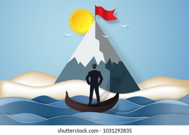 Businessman on the gondola boat in the ocean and looking the red goal flag on peak mountain in the blue sky background as business, target, paper art and craft style concept. vector illustration.