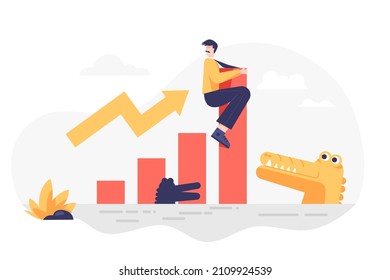 Businessman on the graph to escape the crocodile It is like doing business with investment risk. Concept business vector illustration