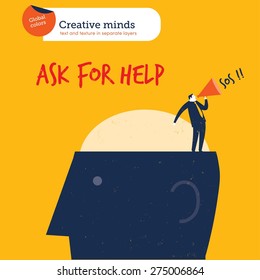 Businessman on a head asking for help. Vector illustration Eps10 file. Global colors. Text and Texture in separate layers.