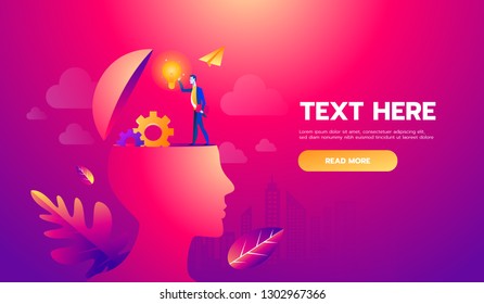 Businessman on head with brain idea. Vector illustration Eps10 file. Text and Texture in separate layers and copy space.