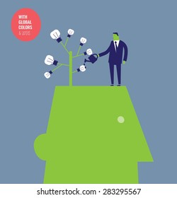 Businessman on a head watering a bulb plant. Vector illustration Eps10 file. Global colors&layers.