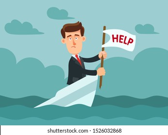 Businessman on the high seas on a sinking ship asks for help. Bankruptcy concept. Business failure, need help. Business vector illustration, flat design, cartoon style.