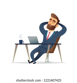 Businessman On His Desk Relaxing. Manager Sit Relax And Think On His Workplace. Cartoon Vector Illustration