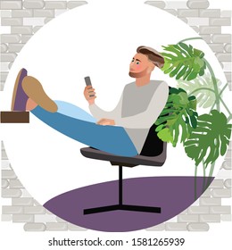Businessman on his desk relaxing. Manager sit relax and think on his workplace. Cartoon vector illustration