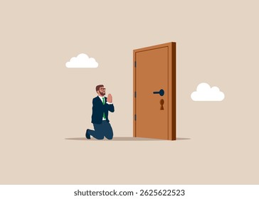 Empresário está de joelhos e pedir ajuda em nova posição para novo escritório. Reza para abrir a porta. Ilustração de vetor plano