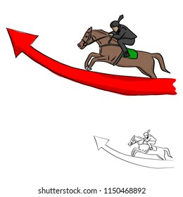 businessman on horseback jumping over the red arrow vector illustration sketch doodle hand drawn with black lines isolated on white background