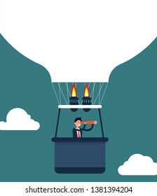 Businessman on hot air balloon and searching investing. Vector illustration future investment business concept, Telescope, Flat character style design.