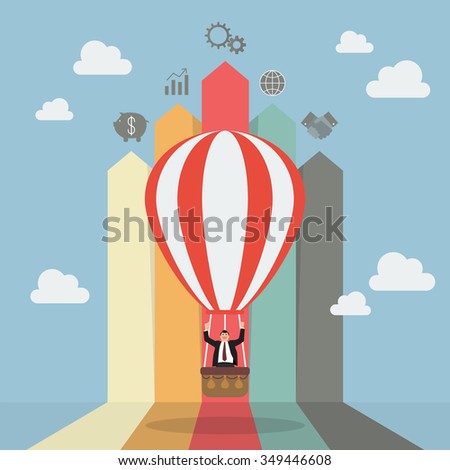 Businessman on hot air balloon with arrow bar chart. Business concept