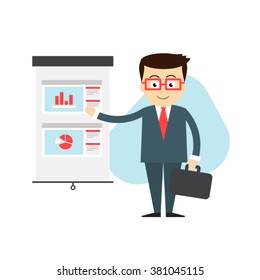 Businessman on isolated background pointing hand on the economic charts