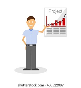 Businessman on isolated background pointing hand on the economic charts. business man presentation