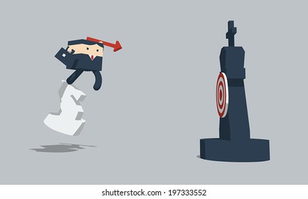 Businessman on a knight throwing arrow to king chess, Black suit with red necktie, Flat design cartoon vector EPS10