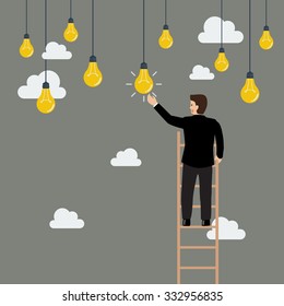 Businessman on the ladder catching a light bulb idea. Business concept