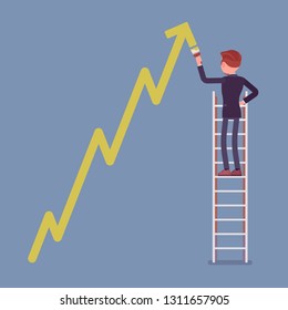 Businessman on ladder drawing positive dynamics climbing arrow. Successful male manager showing sale progress, optimistic and right direction, business profit growth presentation. Vector illustration