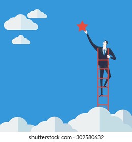 Businessman on a ladder grab the star above cloud. Vector Illustration Business concept a ladder Corporate of success.