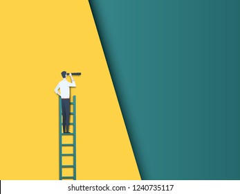 Businessman on a ladder looking through telescope vector concept. Symbol of future, career development and progress, promotion, ambition and motivation. Paper cutout style. Eps10 vector illustration.