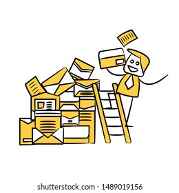 businessman on ladder and mails, documents yellow stick figure design