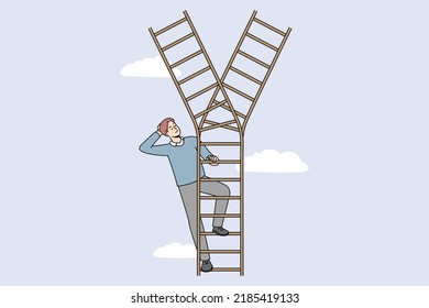 Businessman On Ladder Make Decision Or Choice. Man Decide Which Path To Take. Dilemma And Choosing Option. Vector Illustration. 