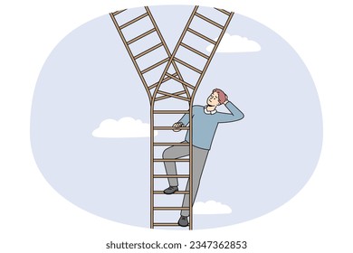 Businessman on ladder make decision or choice. Man decide which path to take. Dilemma and choosing option. Vector illustration.