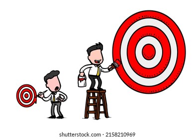 Businessman On Ladder Painting Bigger Business Target Than Fellow Competitor. Vector Illustration Design On Isolated White Background