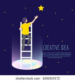 Businessman on a ladder to pick the star above cloud. Vector Illustration Business concept a ladder Corporate of success.