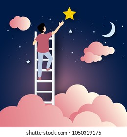 Businessman on a ladder to pick the star above cloud. Vector Illustration Business concept a ladder Corporate of success.