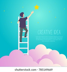 Businessman on a ladder to pick the star above cloud. Vector Illustration Business concept a ladder Corporate of success.