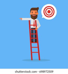 Businessman on a ladder pointing at a target.