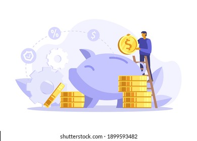 Businessman on ladder putting a coin into a piggy bank. Save money concept. Manage money and finance analytics. Vector flatillustration. Can use for landing page, web, mobile, app, banner, flyer