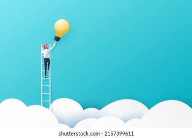 Businessman on a ladder reaching light bulb above cloud on blue sky background.Business concept.Paper art vector illustration.