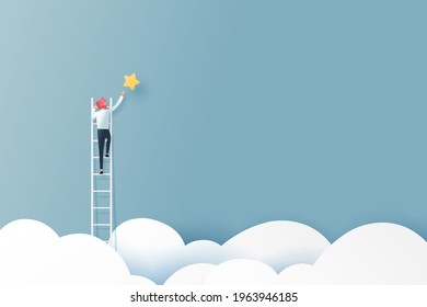 Businessman on a ladder reaching the star above cloud.Business concept.Paper art vector illustration.