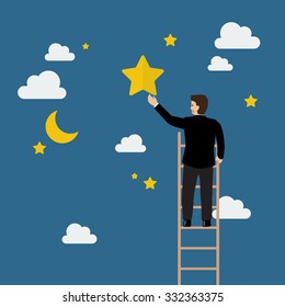 Businessman on the ladder trying to catch the star. Business concept