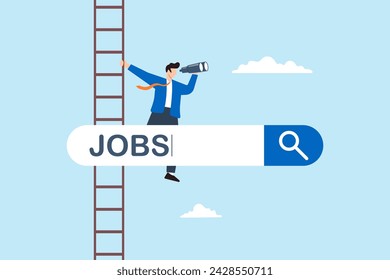 Businessman on ladder using binocular to see opportunity and vacancy with job search bar