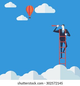 Businessman on a ladder using binoculars above cloud. Vector Illustration Business concept a ladder Corporate of success.