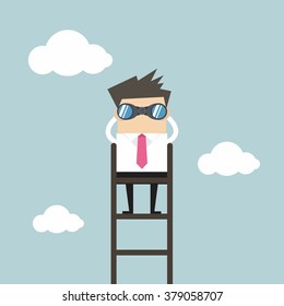 Businessman on a ladder using binoculars above cloud