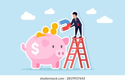 businessman on ladder using magnet to attract coins from piggy bank illustration of strategy to earn more money
