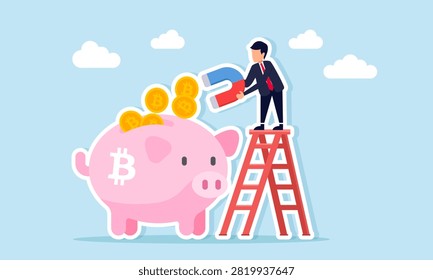 businessman on ladder using magnet to attract bitcoins from piggy bank illustration of strategy for profit and bitcoin asset management