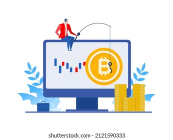 businessman on laptop computer fishing bitcoin. Fishing rod and Mining Crypto currency. Vector illustration